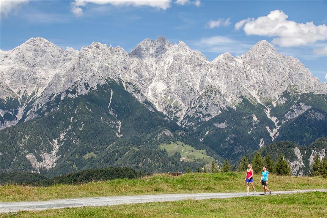 Alpii asutrieci cu turisti in drumetie