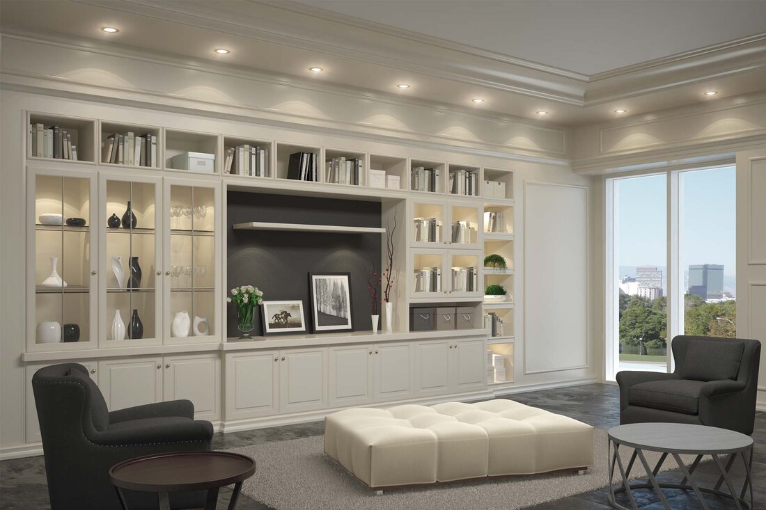 Spoturi LED Passepartout in moblier de living, stil clasic.