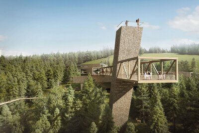 Cladire din lemn cu platforma de belvedere