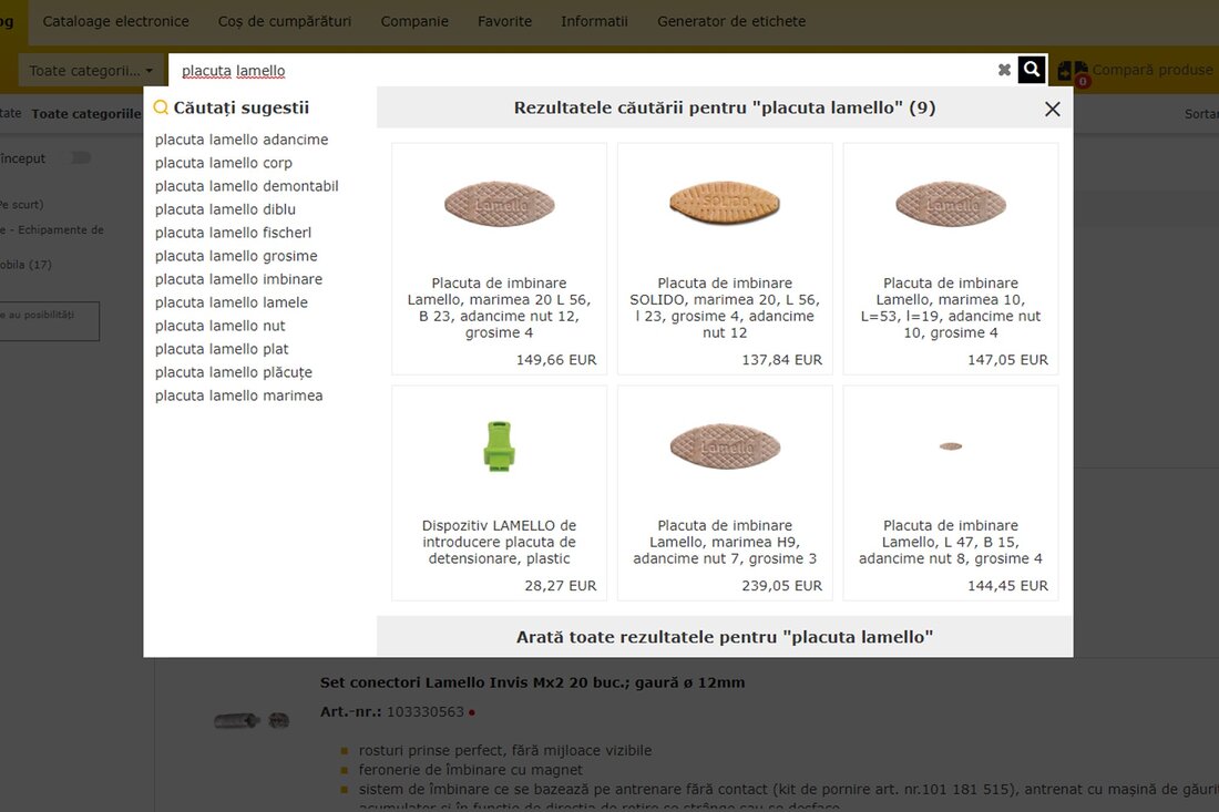 Funcția de căutare în Webshop