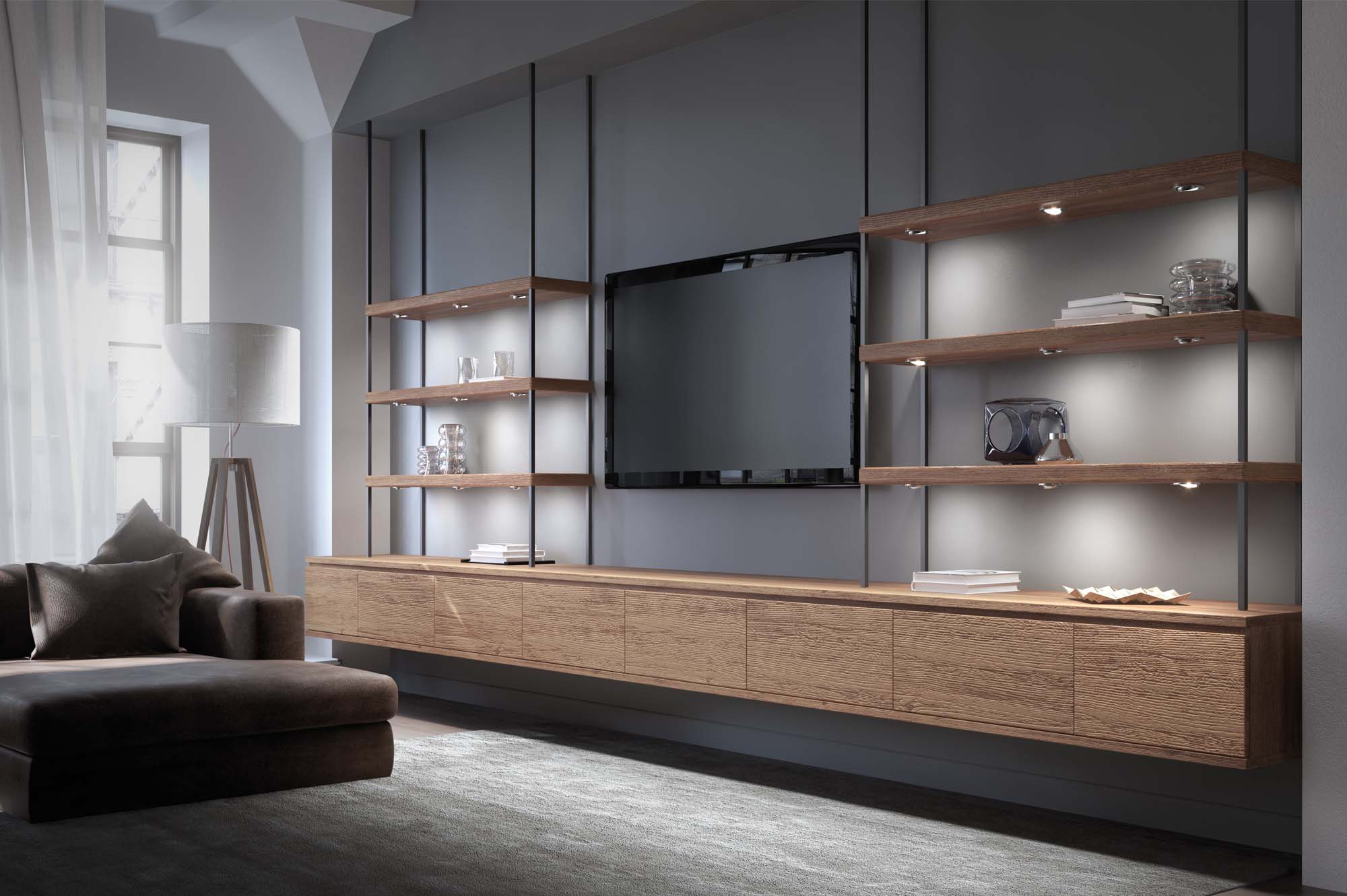 Spoturi LED Orbit in moblier de living, stil industrial. 