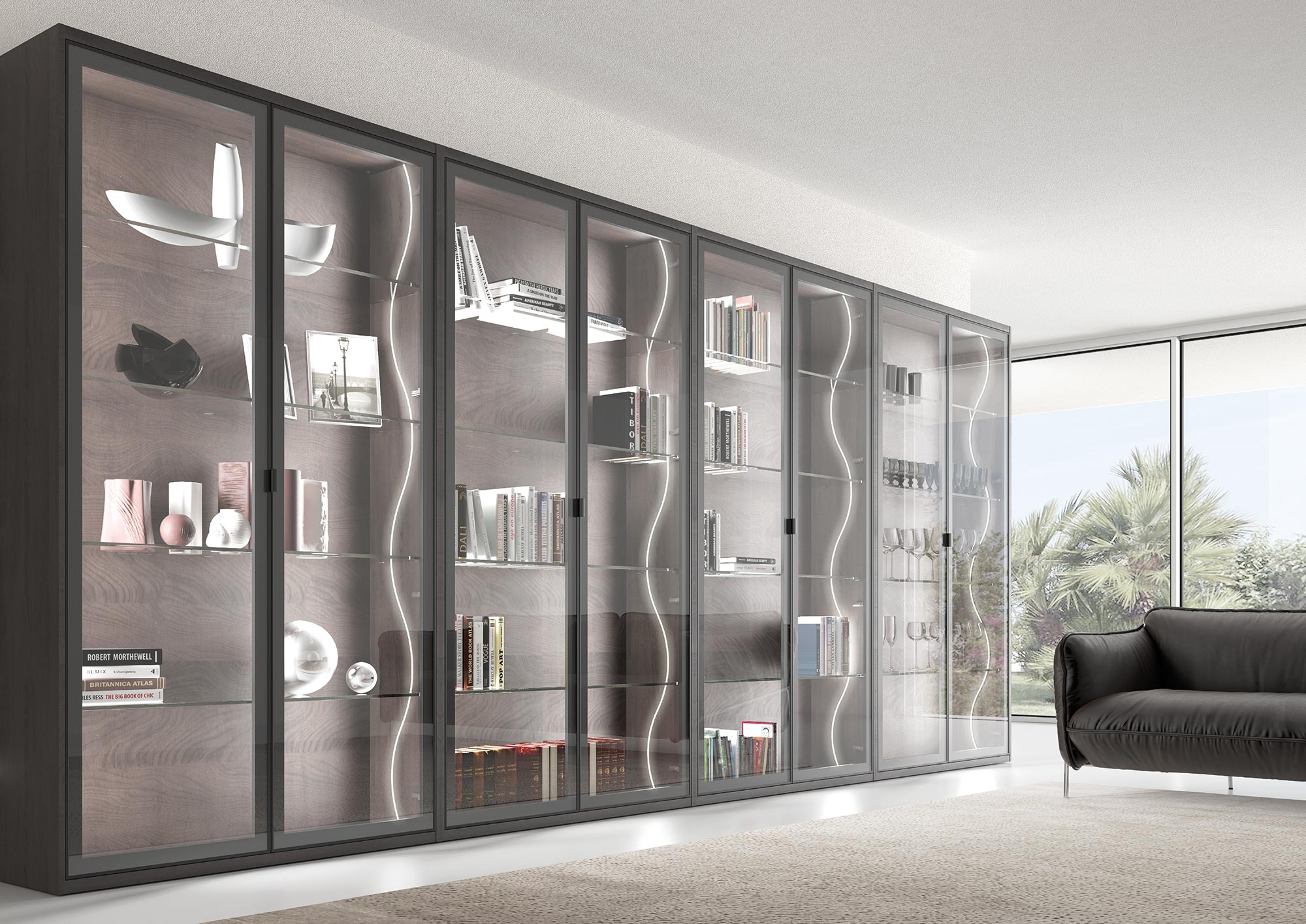 Banda LED Flexiled montata in itneriorul unei vitrine in living
